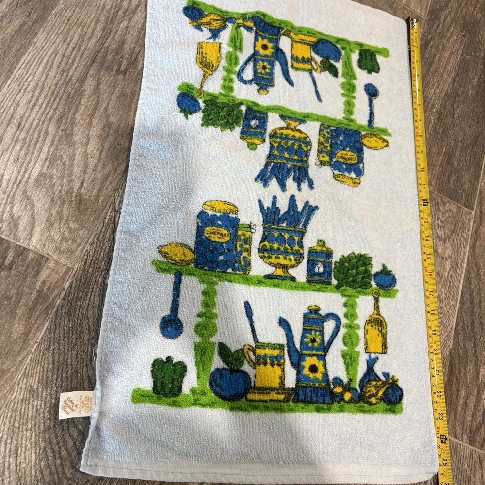 Vtg MCM Kitchen Teal Blue Terry Hand Towel Kitsch 70s Retro Groovy